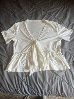 Women's White Tie-Front Peplum Top